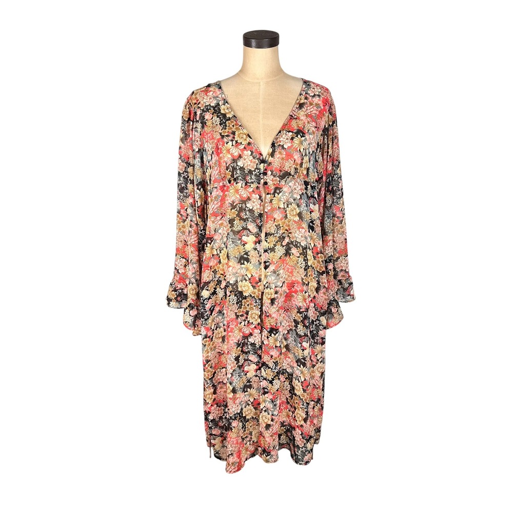 Y2K Sheer Floral Duster Cardigan Ruffle Sleeve Tie Back Multi-Color